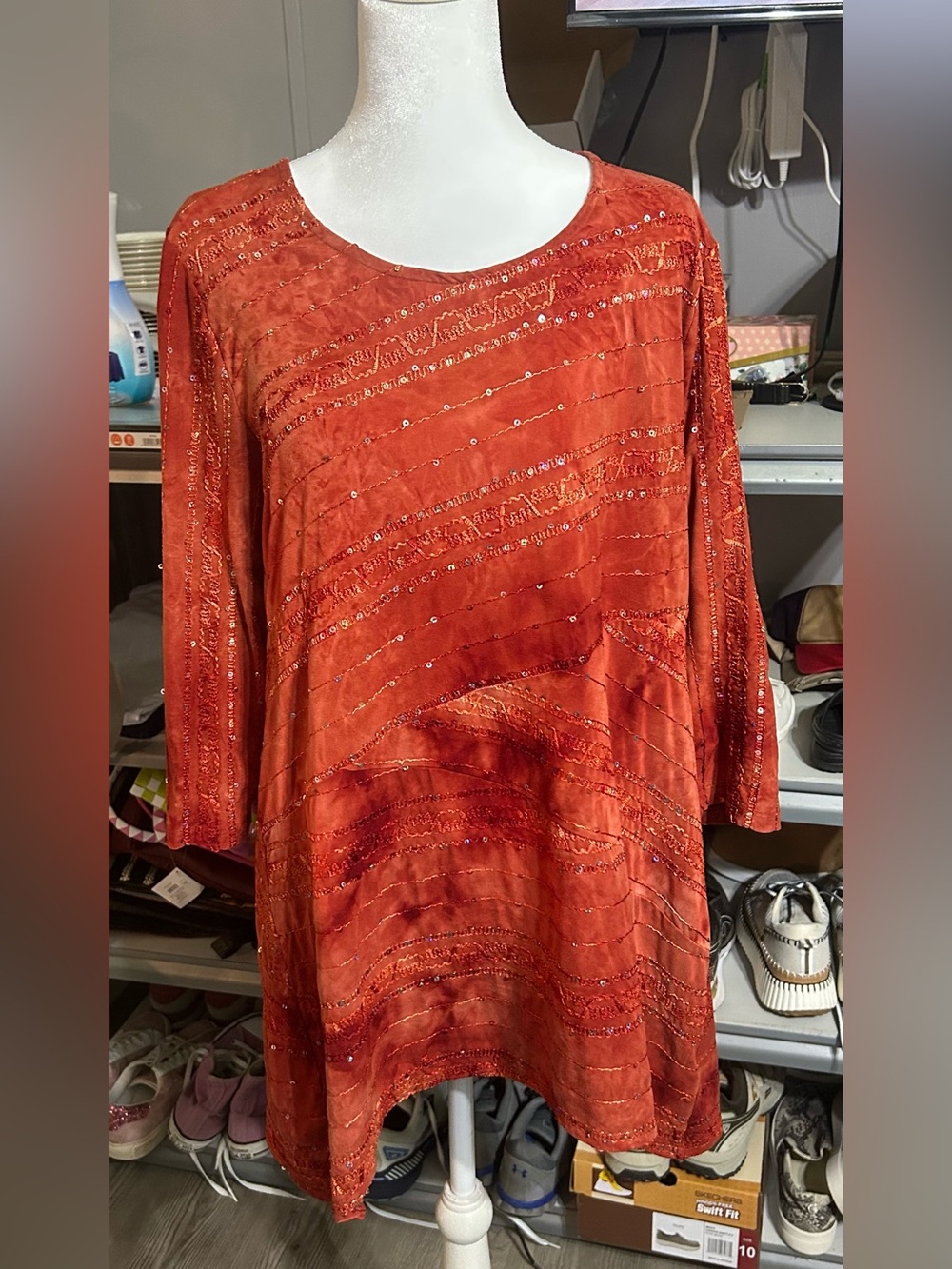 JM Collection Sequin Embellished Burnt Orange Tunic Top Women’s Large